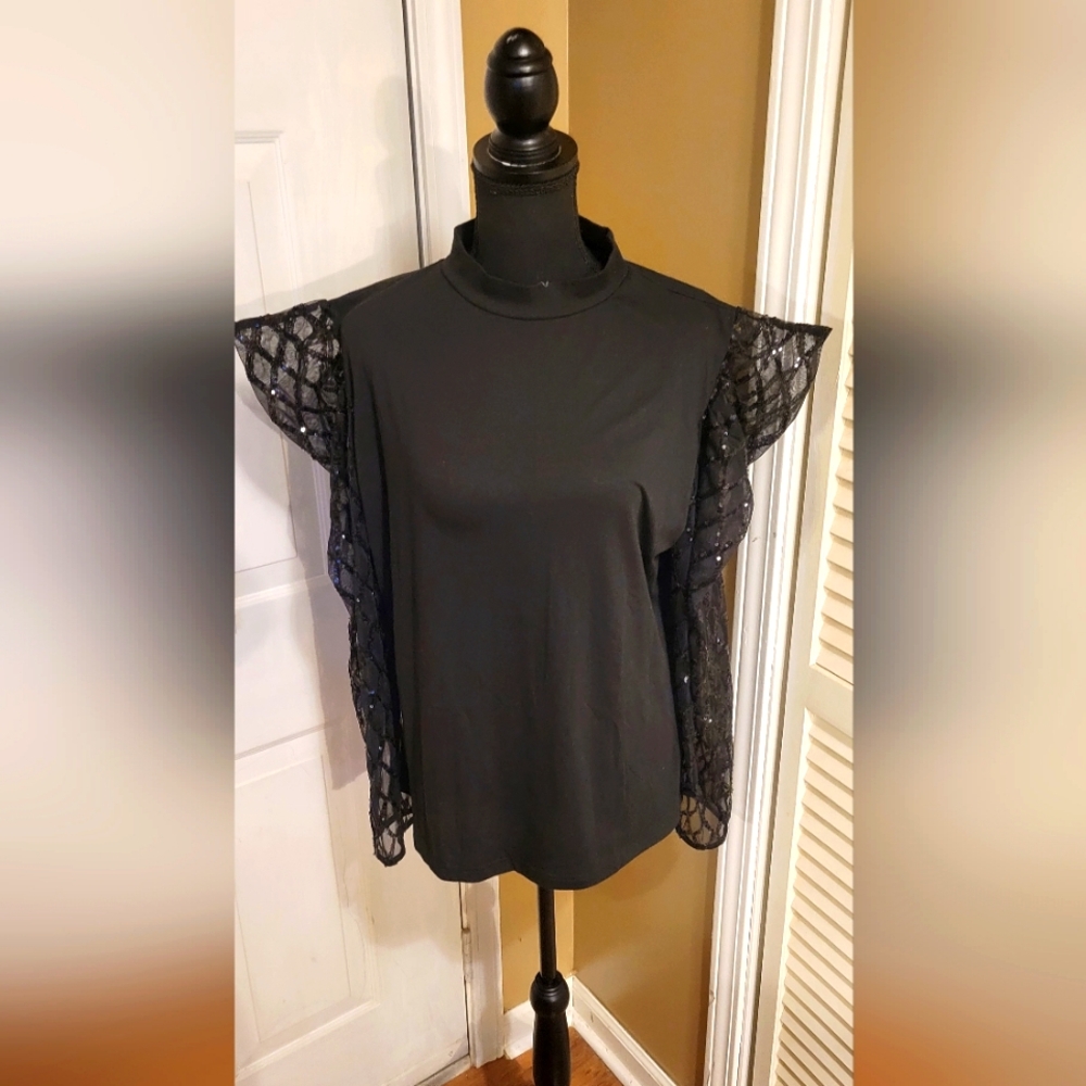 Women's Black Puff Sleeve Crew Mock Neck Blouse, Size 3X